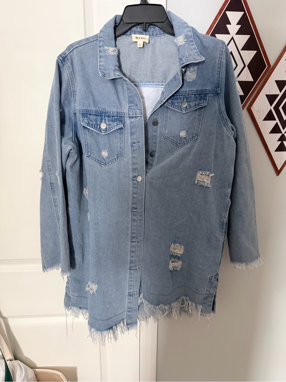 BiBi Light Blue Distressed Denim Jean Jacket American Flag on back